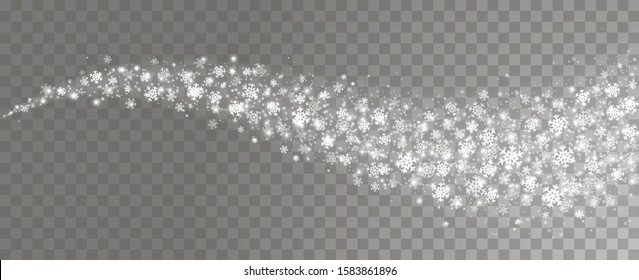 Vector wavy effect with snowflakes and sparks on the transparent background.