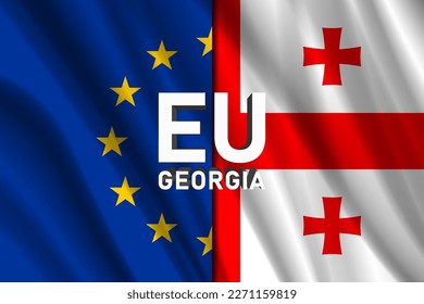 Vector wavy EU and Georgia flags. Commonwealth of Europe and Sakartvelo. Political poster.