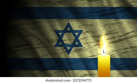 Bandera ondulada vectorial de Israel. Una vela de cera ardiendo con una llama brillante. Conflicto y guerra. Dolor y miedo.