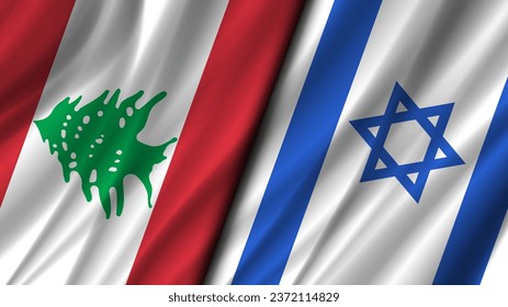 Vector wavy flags of Lebanon and Israel. Relations between countries. Politics economic banner. Green cedar and star of David.