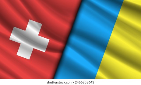 Vector wavy flags of Switzerland and Ukraine. Political swiss and ukrainian banner. Relations between countries. Peace Summit. 