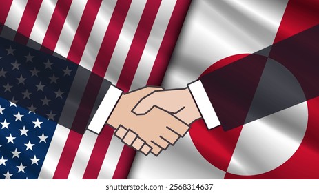 Vector wavy flags of united states of America and Greenland. Political banner. Relations between countries. Friendly agreement. Graphic handshake.