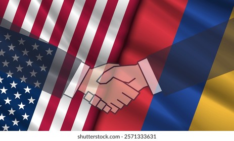 Vector wavy flags of United States of America and Republic of Armenia. Political banner. Relations between countries. North America and Caucasus. Friendly agreement. Graphic handshake