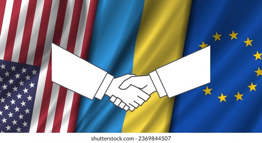 Vector wavy flags of USA, Ukraine and European Union. Political, economic and military alliance.