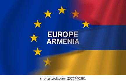 Vector wavy flowing flags of European Union and Republic of Armenia. Political banner. Relations between countries. Europe and Caucasus. Friendly agreement.