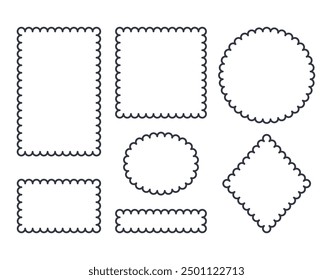 Vector wavy frame geometric shapes. Rhombus, oval, square, elongated rectangle. Scalloped edge borders decorative collection. Repeating elements pattern lace. Editable stroke line fabric design