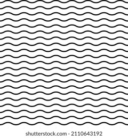 Vector wavy line seamless pattern. Black waves of water background. Curve simple texture design, art. Graphic abstract geometric sea, ocean elements.White horizontal vintage squiggle stripes in repeat