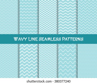 Vector wavy line seamless patterns blue and white