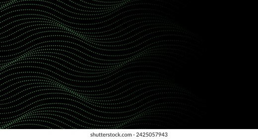 Vector wavy lines form a smooth curve, smooth dynamic green gradient light isolated on black background for the concept of technology, digital technology, communication, science, music.