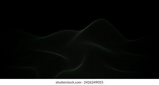 Vector wavy lines form a smooth curve, smooth dynamic green gradient light isolated on black background for the concept of technology, digital technology, communication, science, music.