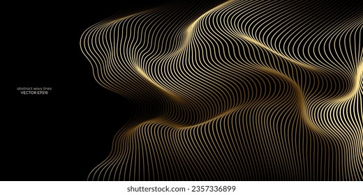 Vector wavy lines pattern smooth curve flowing dynamic gold gradient light isolated on black background for concept of luxury, technology, digital, communication, science, music.