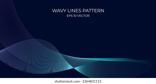 Vector wavy lines pattern smooth curve flowing dynamic blue green gradient light isolated on navy background. Concept for technology, digital, communication, science, music.