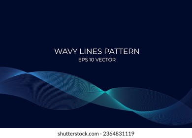 Vector wavy lines pattern smooth curve flowing dynamic blue green gradient light isolated on navy background. Concept for technology, digital, communication, science, music.