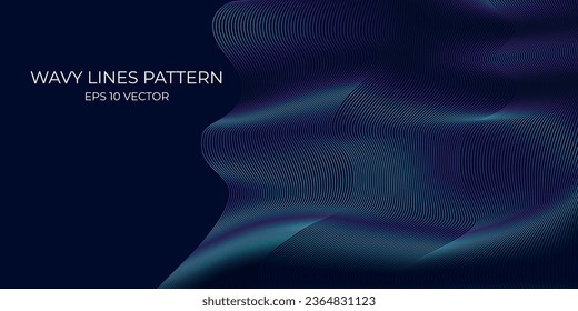 Vector wavy lines pattern smooth curve flowing dynamic blue green gradient light isolated on navy background. Concept for technology, digital, communication, science, music.