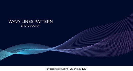 Vector wavy lines pattern smooth curve flowing dynamic blue green gradient light isolated on navy background. Concept for technology, digital, communication, science, music.