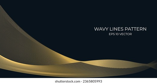 Vector wavy lines pattern smooth curve flowing gold gradient light isolated on navy background. Concept for technology, digital, communication, science, music.