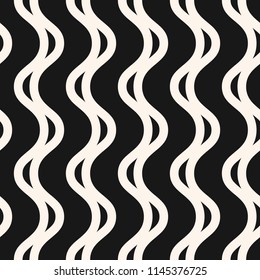 Vector wavy lines seamless pattern. Abstract texture with vertical waves, stripes, smooth bends. Simple monochrome background. Black and white repeatable design for decor, wallpapers, covers, print