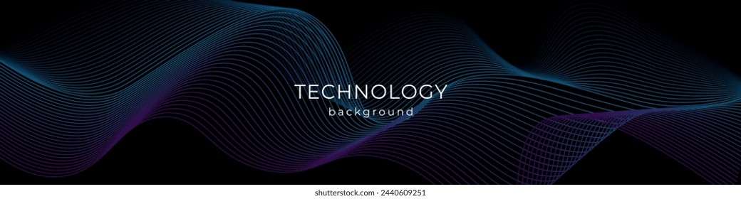 Vector wavy lines smooth curve flowing dynamic violet blue gradient light. Abstract lines. Sound waves on black background for your design. Vector EPS 10	