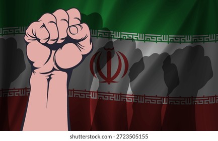Vektor wellige Nationalflagge der Islamischen Republik Iran. Iranisches Banner. Männliche geballte Faust und Schatten