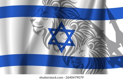 Vector wavy national flag of Israel. Shadows heads of lion and rocket combat systems. Nation of lions. Military and political banner