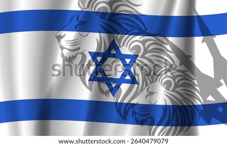 Vector wavy national flag of Israel. Shadows heads of lion and rocket combat systems. Nation of lions. Military and political banner