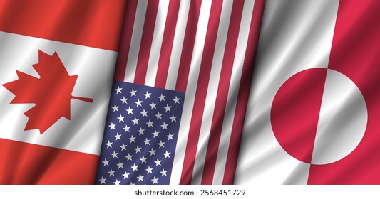 Vector wavy national flags of Canada, United States of America and Greenland. Political wide banner.