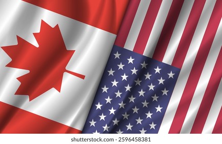 Vector wavy national flags of Canada and United States of America. Canadian and American political wide banner. Starry striped and maple leaf