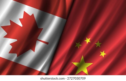 Bandeiras nacionais onduladas vetoriais do Canadá e da República Popular da China. Banner político canadense e chinês. Estrelas e folhas de ácer