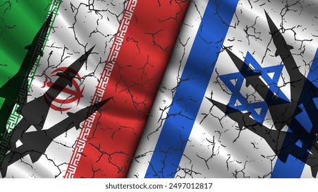 Vector wavy national flags of the Islamic Republic of Iran and Israel in cracks. Relations between states. Black silhouettes of rocket combat systems.