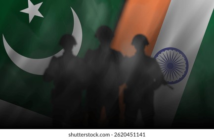 Vector wavy national flags of Islamic Republic of Pakistan and Republic of India. Pakistani and Indian political poster. Shadows of soldiers. Fog of war