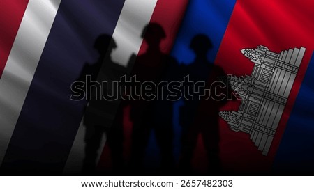 Vector wavy national flags of Kingdom of Thailand and Kingdom of Cambodia. Relations between asian countries. Political and economic banner. Dark shadows of soldiers