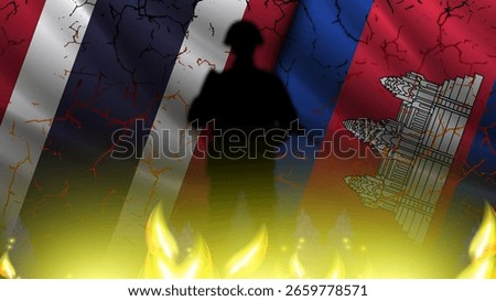 Vector wavy national flags of Kingdom of Thailand and Kingdom of Cambodia. Relations between asian countries. Military banner. Conflict and crisis. Fire, cracks and dark shadow of soldier