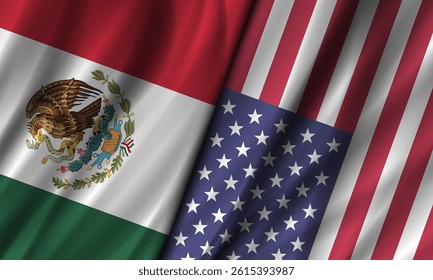 Vector wavy national flags of Mexico and United States of America. Mexican and American political wide banner. Starry striped and eagle with snake