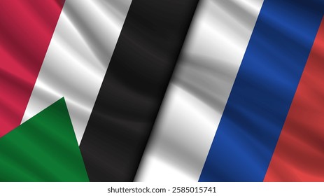 Vector wavy national flags of Republic of Sudan and Russian Federation. Relations between countries. Russia and Soudan. Political economic banner.