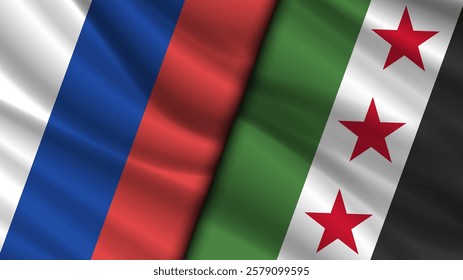 Vector wavy national flags of Russian Federation and new Syrian Arab Republic. Relations between countries. Russia and Syria. Political economic banner.