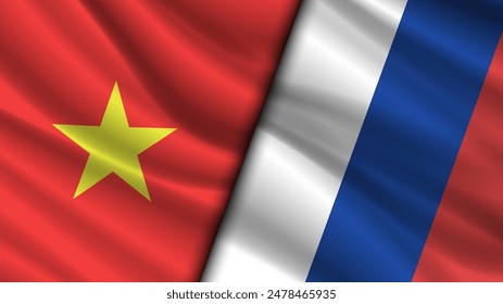 Vector wavy national flags of Socialist Republic of Vietnam and Russian Federation. Friendly relations between countries. Political economic banner.