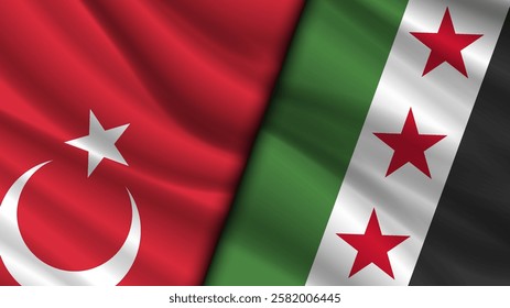 Vector wavy national flags of Turkish Republic and new Syrian Arab Republic. Relations between countries. Turkey and Syria. Political economic banner.