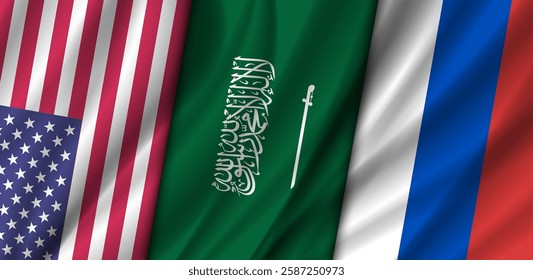 Vector wavy national flags, United States of America, Saudi Arabia and Russian Federation. Peace negotiations. Political wide banner.