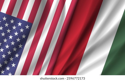 Vector wavy national flags of United States of America and Hungary. Alliance. American and Hungarian political wide banner. Starry striped and tricolor