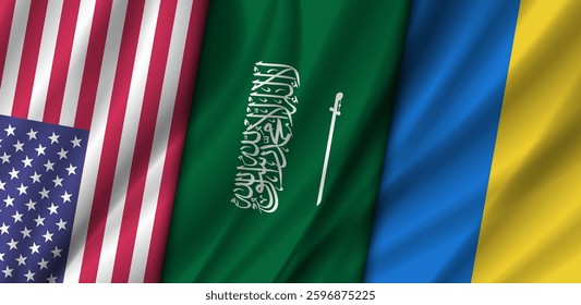 Vector wavy national flags, United States of America, Saudi Arabia and Ukraine. Peace negotiations. Political wide banner.