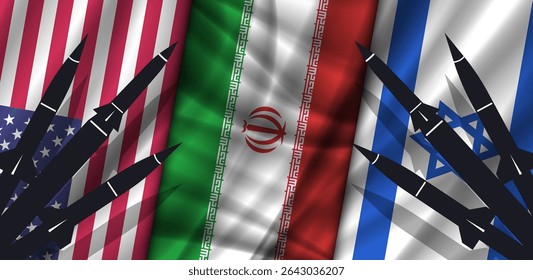 Vector wavy national flags, United States of America, Islamic Republic of Iran and Israel. Shadows and silhouettes of rockets. American and Israeli alliance. Political military wide banner
