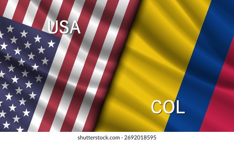 Banderas nacionales onduladas de Vector de los Estados Unidos de América y la República de Colombia. Estadounidense y colombiano. Anuncio político y económico