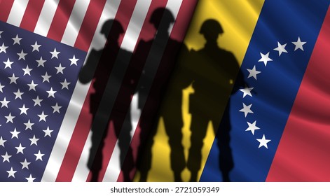 Bandeiras nacionais onduladas vetoriais dos Estados Unidos da América e da República Bolivariana da Venezuela. Relações entre países. Americano e venezuelano. Sombras escuras dos soldados