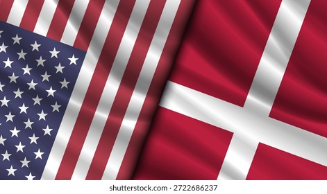 Bandeiras nacionais onduladas vetoriais dos Estados Unidos da América e da Dinamarca. Relações entre países. Banner americano e dinamarquês.