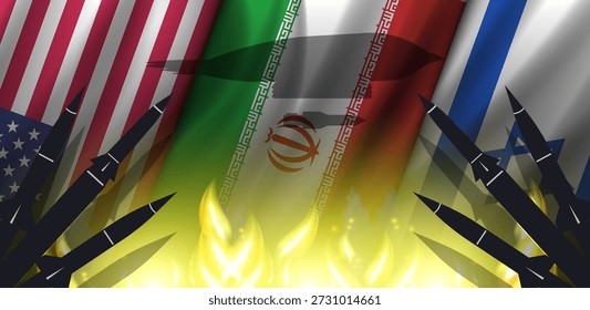 Vector wavy national flags, United States of America, Islamic Republic of Iran and Promised Land. Shadows and silhouettes of rockets. Fire. Shadow of flying american bomber. Military wide banner