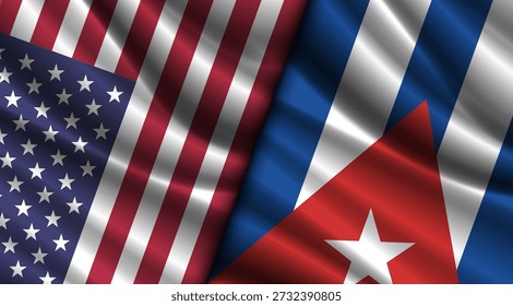 Bandeiras nacionais onduladas vetoriais dos Estados Unidos da América e República de Cuba. Relações entre países. Bandeira americana e cubana.