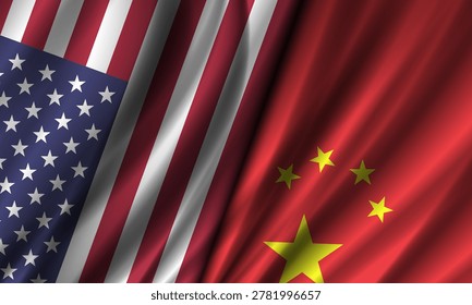 Vector wavy national flags of United States of America and Peoples Republic of China. American and Chinese political wide banner. Stars and striped