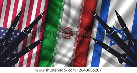 Vector wavy national flags, United States of America, Islamic Republic of Iran and Israel. Shadows and silhouettes of rockets. American and Israeli alliance. Political military wide banner