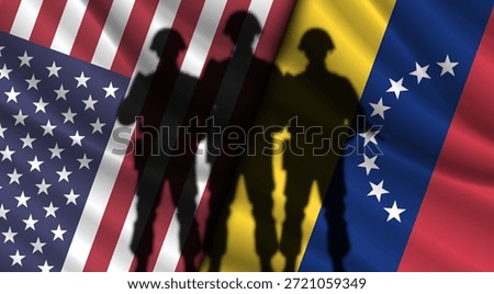 Vector wavy national flags of United States of America and Bolivarian Republic of Venezuela. Relations between countries. American and Venezuelan. Dark shadows of soldiers
