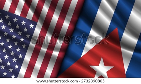 Vector wavy national flags of United States of America and Republic of Cuba. Relations between countries. American and Cuban banner.